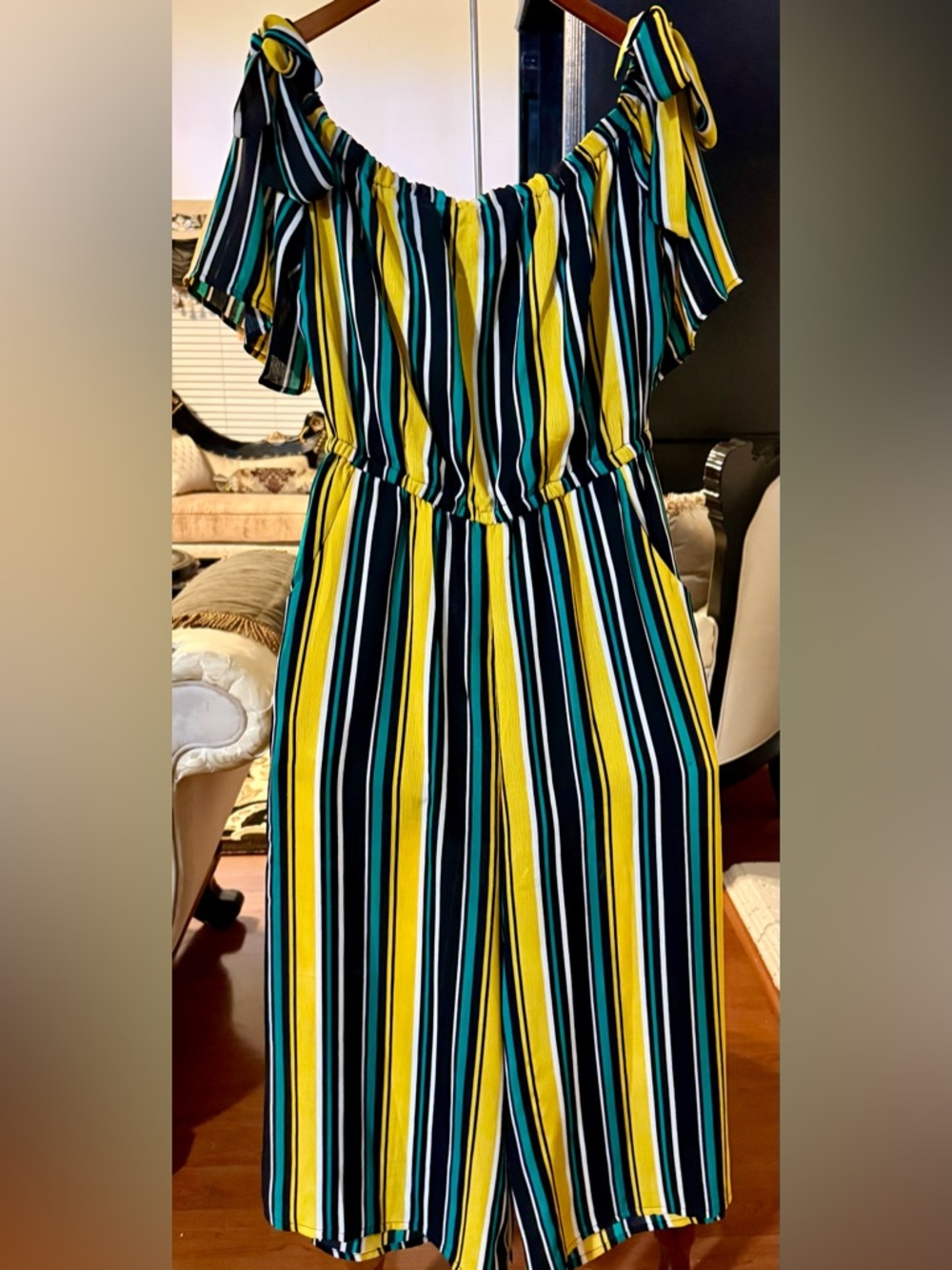 Pre-Loved Striped Off-Shoulder Jumpsuit in Yellow, Black & Teal